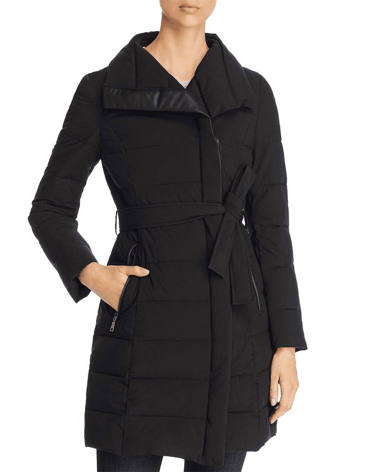 Asymmetrical Belted Stand Collar Puffer Coat In Black - Black