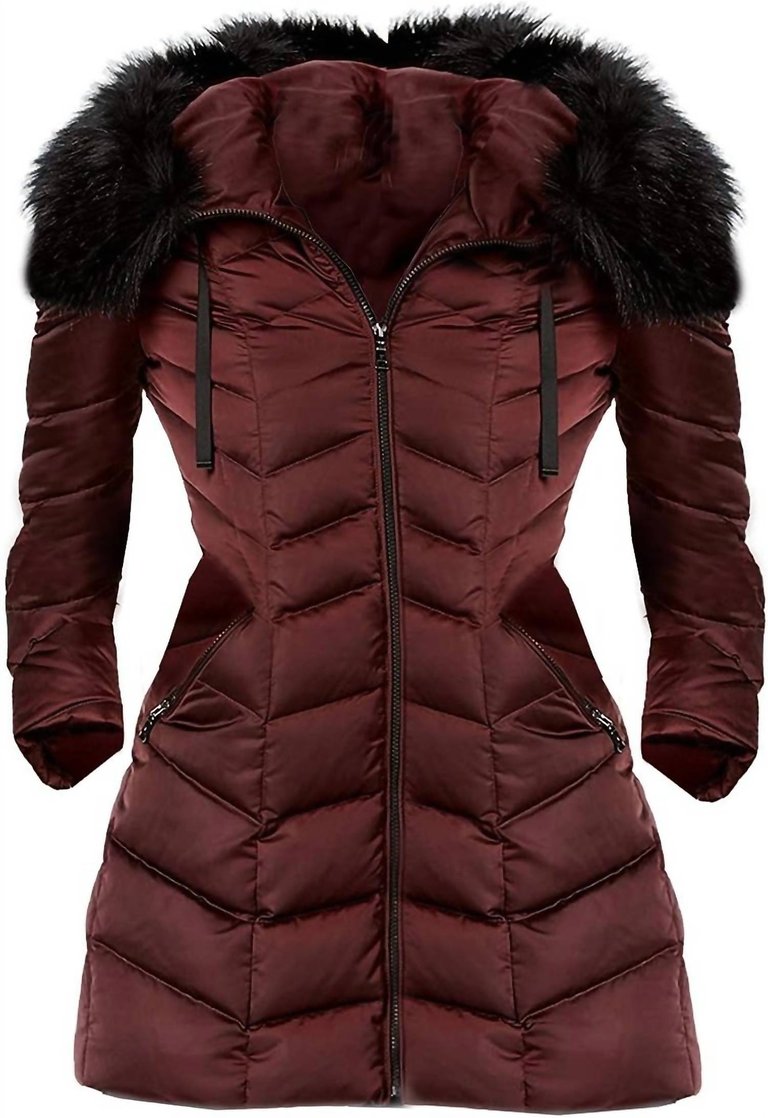 Gwen Faux Fur Hood Down Puffer Jacket Long Coat In Merlot