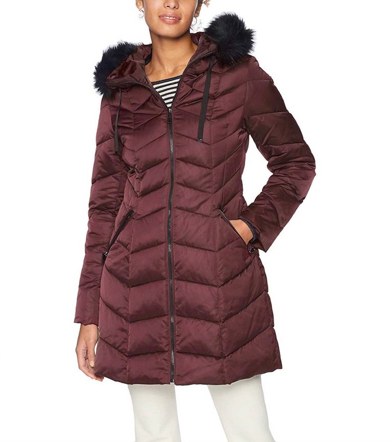 Gwen Faux Fur Hood Down Puffer Jacket Long Coat In Merlot - Merlot