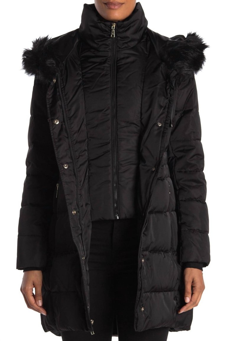 Stefani Faux Fur Hood Down Fill Fitted Puffer Coat In Black