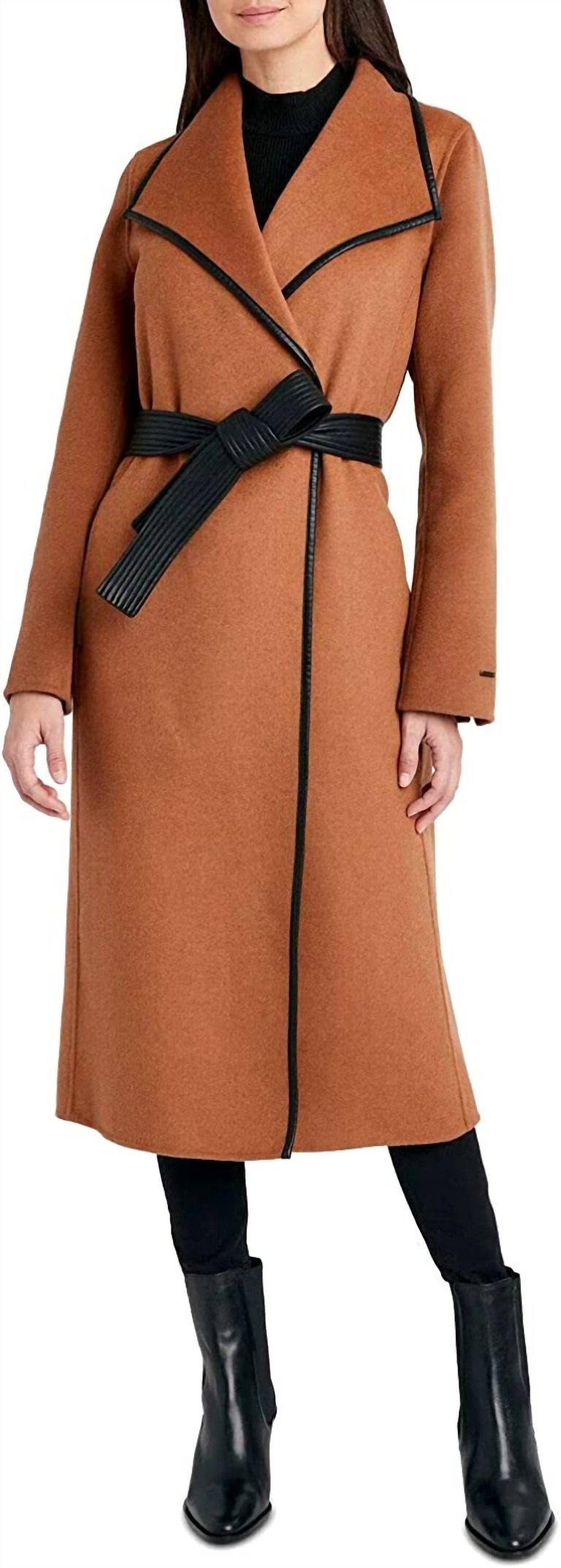 Women Black Juliette Double Face Wool Belted Coat In Caramel - Caramel