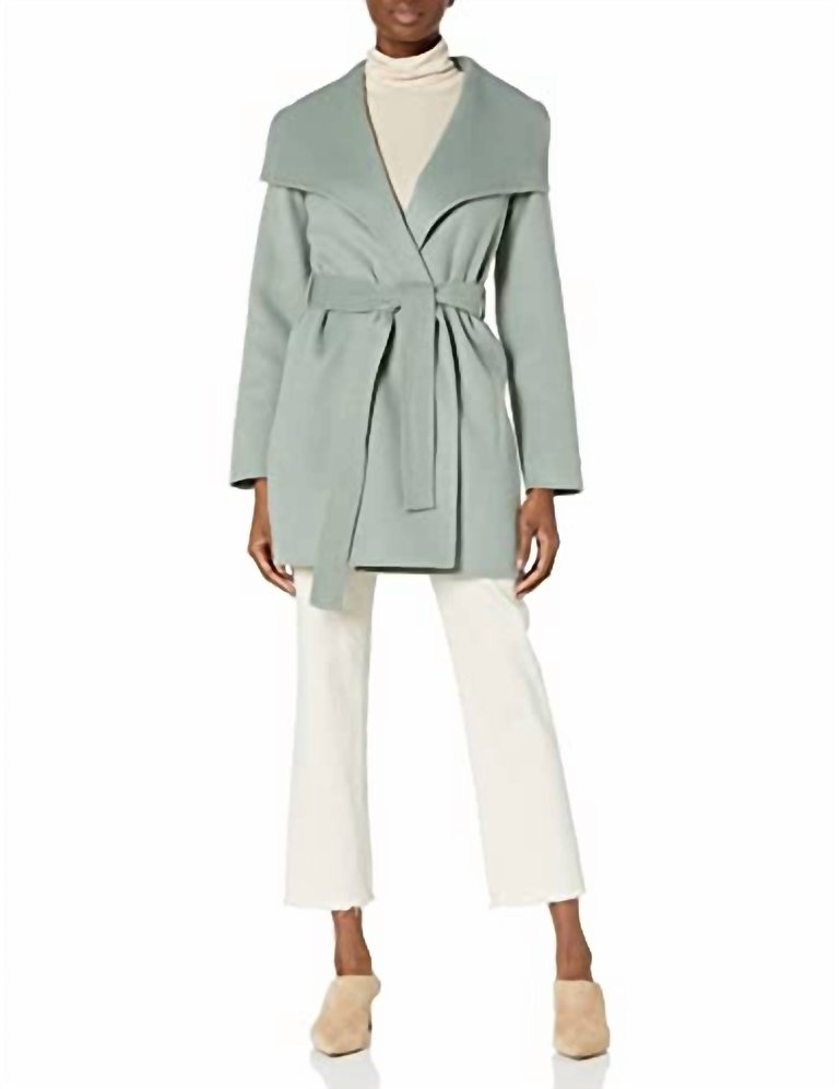 Women Tie Belt Wing Collar Wool Wrap Coat In Sage - Sage