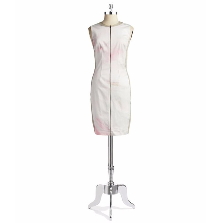 Women's Avani White Printed Sleeveless Front Zip Stretch Dress Sheath - White