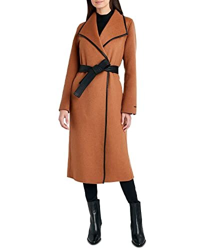 Tahari Women's Black Juliette Double Face Wool Belted Coat With Faux Leather Trim - Caramel product