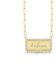 Custom Pave Outline Nameplate Paperclip Necklace - Yellow Gold