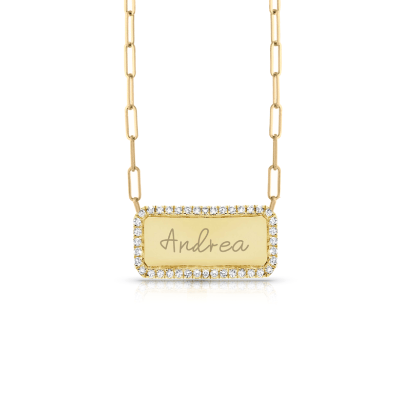 Custom Pave Outline Nameplate Paperclip Necklace - Yellow Gold