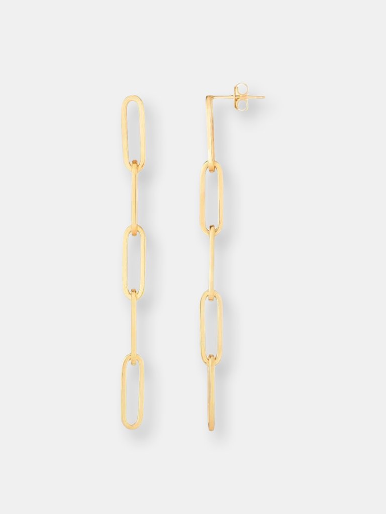 Long Paper Clip Link Drop Earrings - Yellow Gold