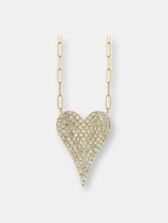 Medium Elongated Pave Heart Paperclip Necklace - Yellow Gold