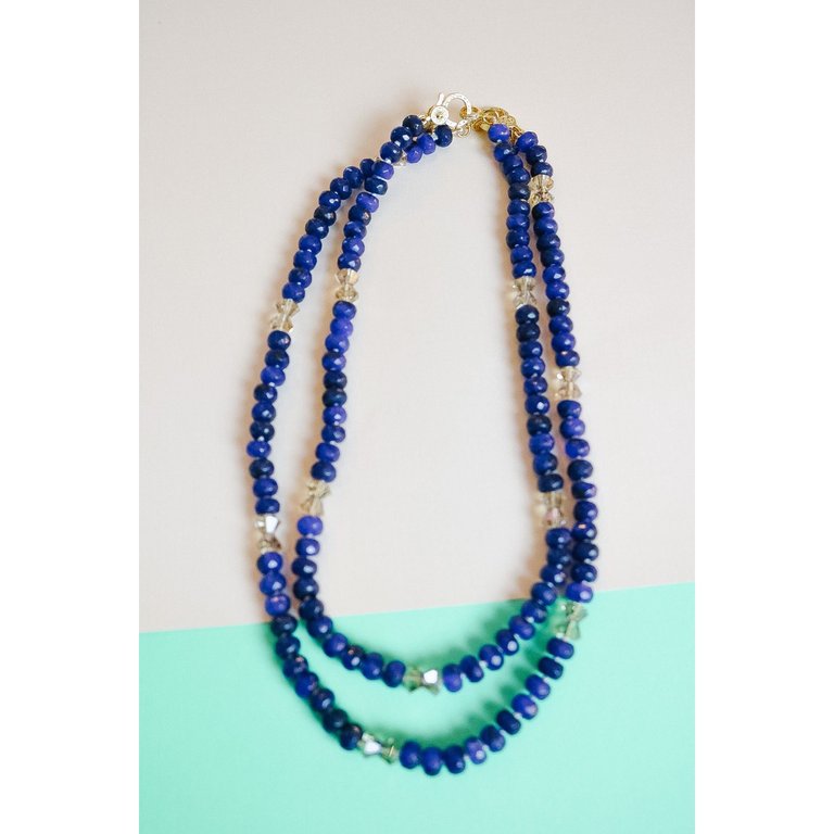 Lapis Lazuli Crystal Bow Hand Knotted Necklace - Lapis