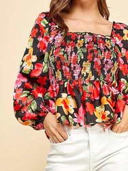 Floral Print Peplum Top - Black Multi