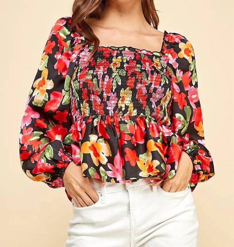 Floral Print Peplum Top - Black Multi