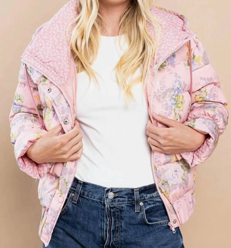 White/Blue Floral Puffer - Pink