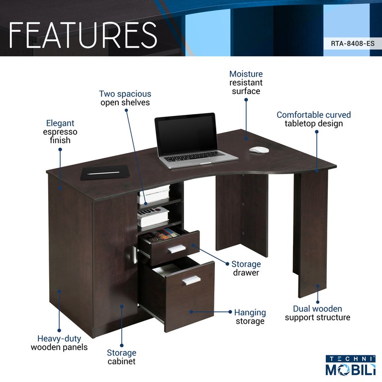 Classic Office Desk with Storage, Espresso