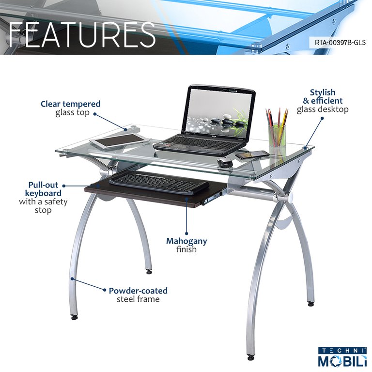 Contempo Clear Glass Top Computer Desk with Pull Out Keyboard Panel - Clear