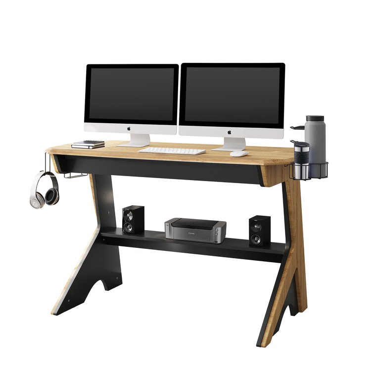 Home Office Computer Writing Desk Workstation With Two Cupholders And A Headphone Hook - Pine