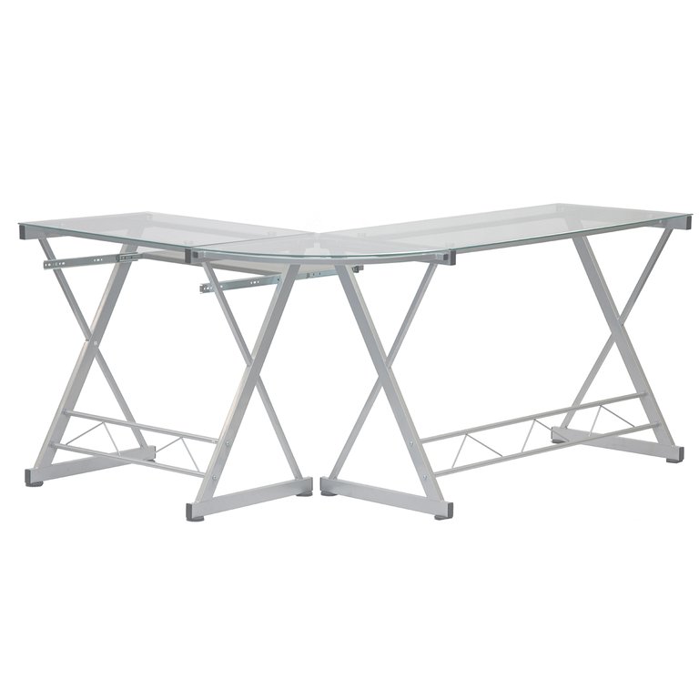 L-Shaped Tempered Glass Top Computer Desk With Pull Out Keyboard Panel - Clear