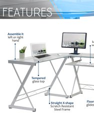L-Shaped Tempered Glass Top Computer Desk With Pull Out Keyboard Panel