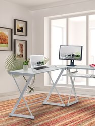 L-Shaped Tempered Glass Top Computer Desk With Pull Out Keyboard Panel