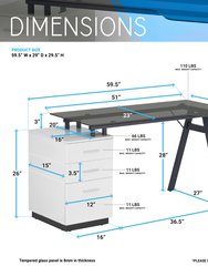 Modern Home Office Computer Desk With Smoke Tempered Glass Top & Storage - White 