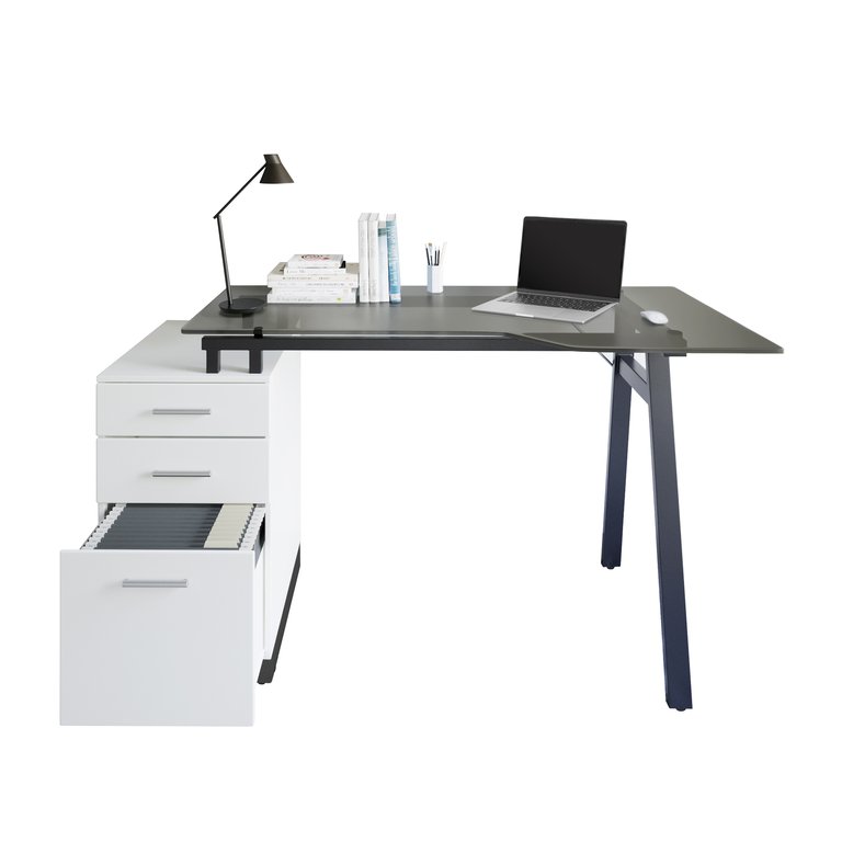 Modern Home Office Computer Desk With Smoke Tempered Glass Top & Storage - White  - White