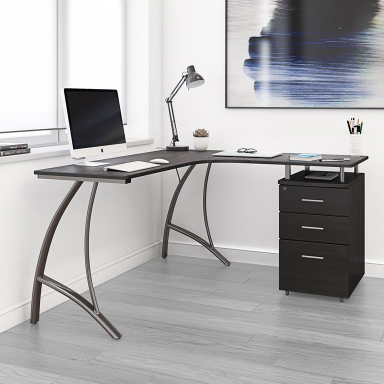 Modern L- Shaped Computer Desk With File Cabinet And Storage - Espresso