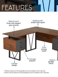 Reversible L-Shape Computer Desk with Drawers and File Cabinet - Walnut