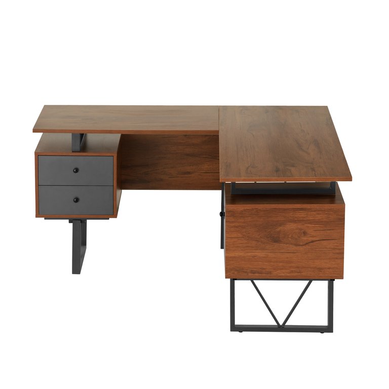 Reversible L-Shape Computer Desk with Drawers and File Cabinet - Walnut