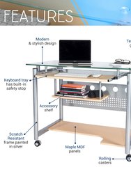 Rolling Computer Desk, Glass and Silver