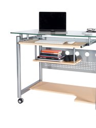 Rolling Computer Desk, Glass and Silver - Maple