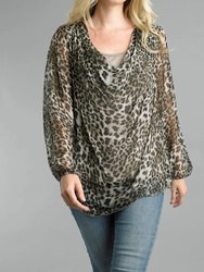 Cowl Neckline Sheer Blouse With Lining - Cheetah Print