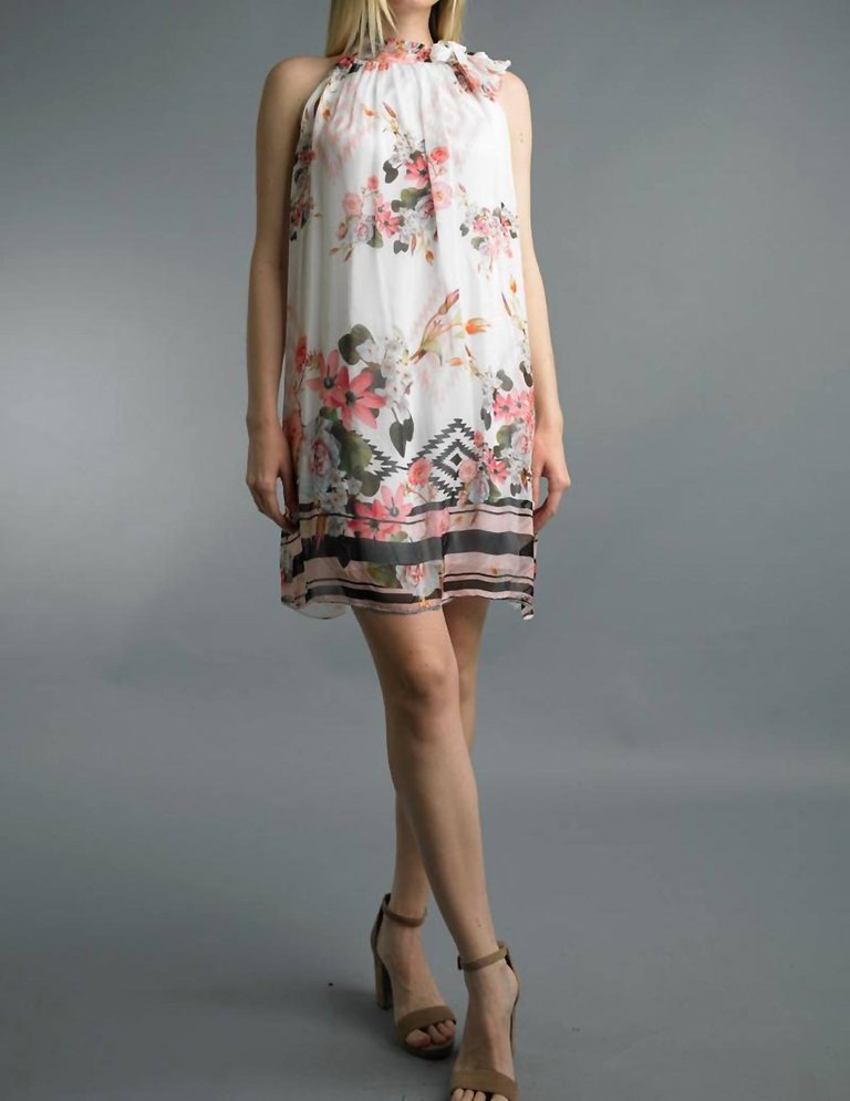 Floral Print Silk Dress With Neck Tie - White Multi