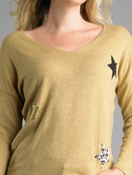 Lightweight V Neckline Sweater With Stars In Mustard