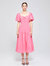 Swan Puff Sleeve Midi Dress - Hot Pink - Hot Pink