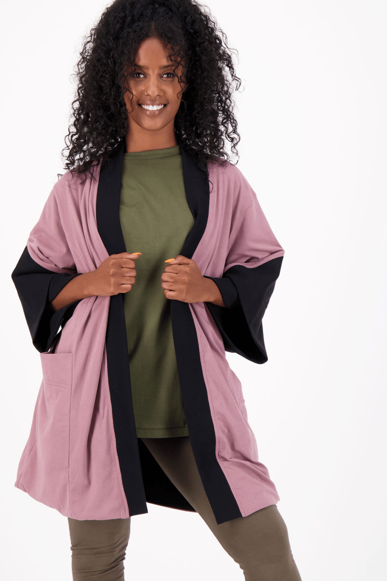 The Kimono-Style Reversible Cardigan - Mauve-Black