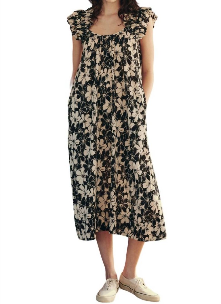 Cascade Dress In Black/cream Hibiscus Floral - Black/cream Hibiscus Floral