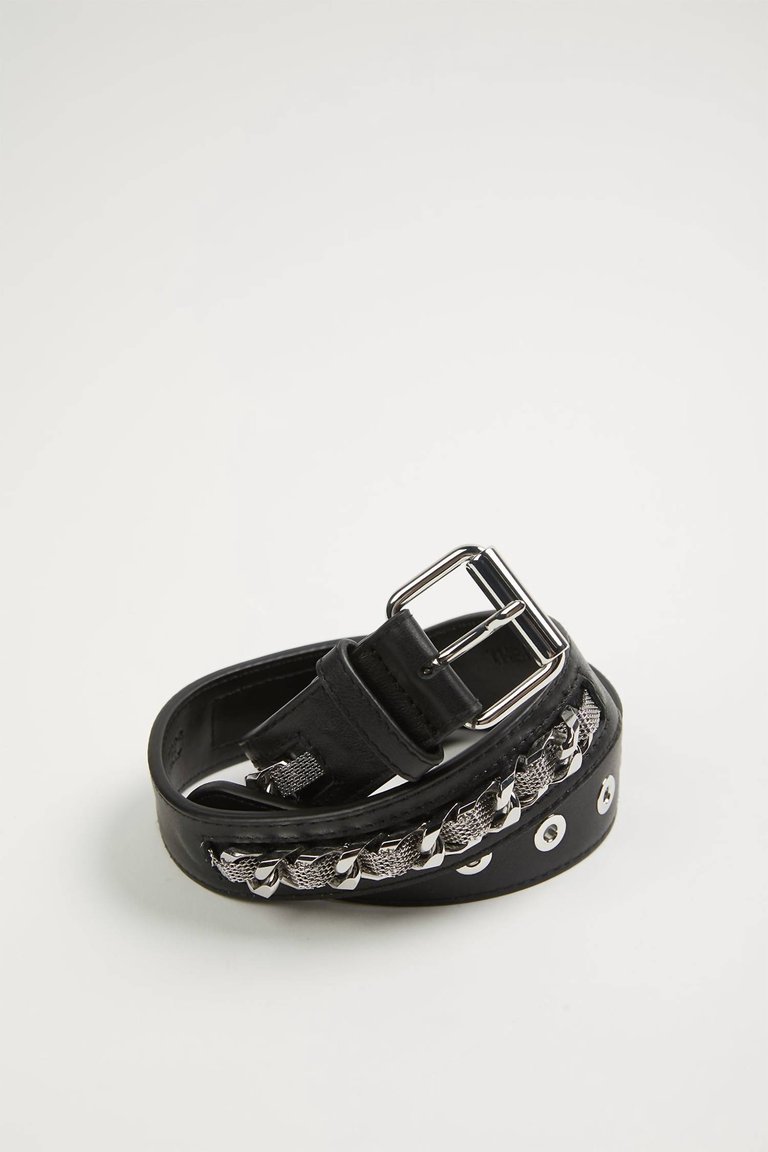 Leather Belt With Chain - Black