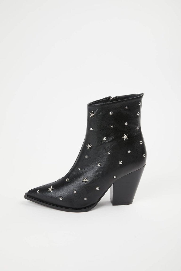 Star Studded Leather Boots - Black