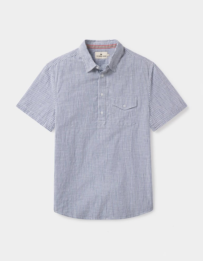 Lived-In Cotton Popover Shirt - Navy Railroad Stripe