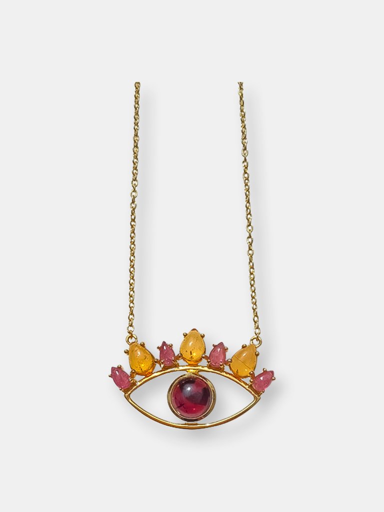 Balanced Outlook - Garnet 14K Gold Evil Eye Necklace - 14K Gold/Pink/Orange