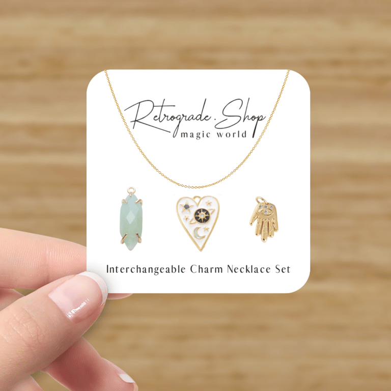 Celestial Dainty Interchangeable Charm Necklace - Amazonite, Enamel Celestial Heart and Hamsa Hand Charm