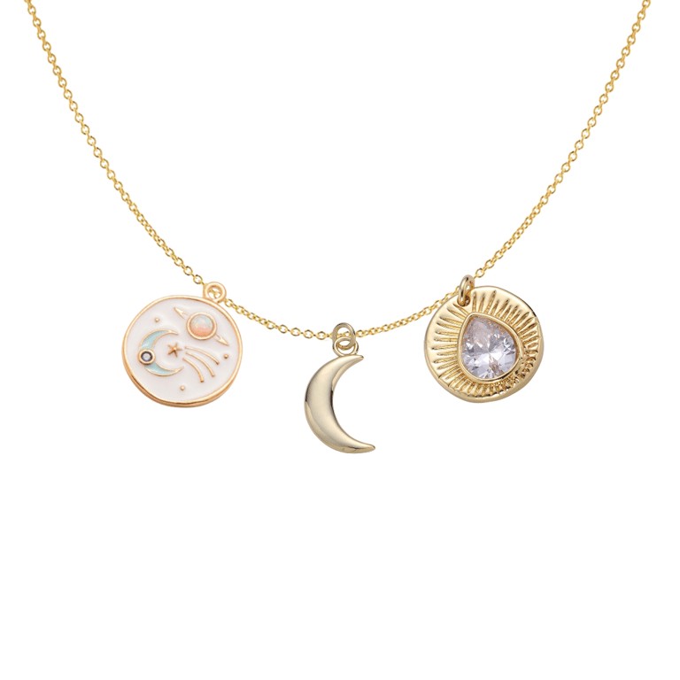 Celestial Dainty Interchangeable Charm Necklace -  Enamel And Opal Celestial Coin, Crescent Moon And Sunburst Coin Charm - Gold