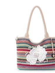 Crafted Classics Carryall Tote - Hand Crochet - Eden Stripe Flower Embroidery