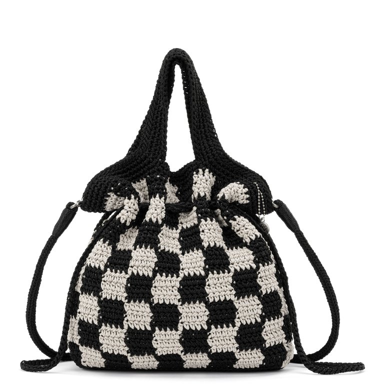 Glenna Drawstring Mini Crossbody - Hand Crochet - Black Check