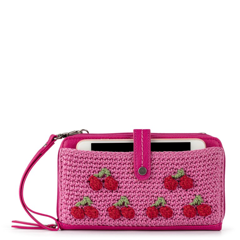 Iris Large Smartphone Crossbody - Hand Crochet - Pink Cherries