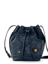 Ivy Drawstring Bucket Bag - Leather - Indigo Flower Embroidery