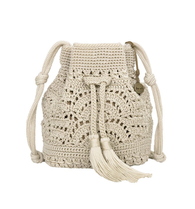 Ivy Drawstring Bucket Bag - Hand Crochet - Natural Fan