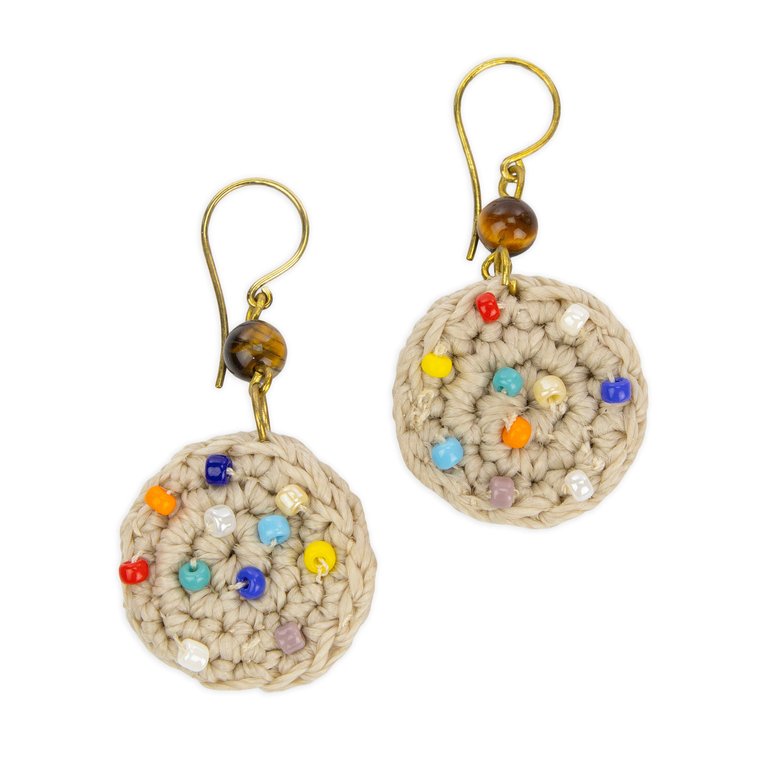 Jasper Disc Earrings - Hand Crochet - Ecru Multi Beads