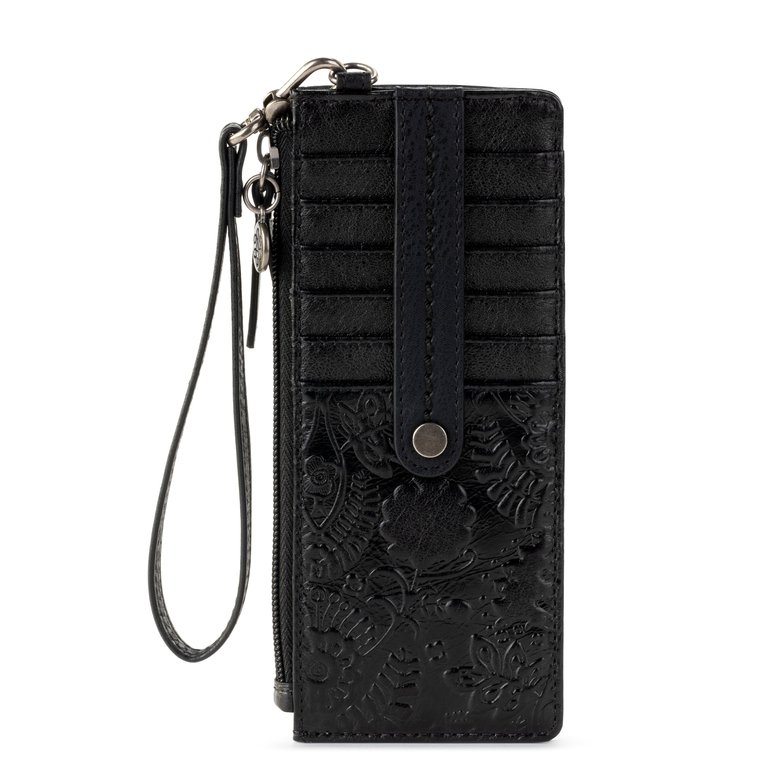 Kira Card Wristlet - Leather - Black Floral Embossed