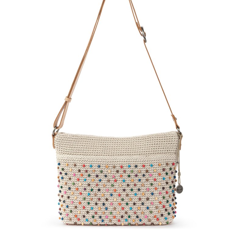 Melrose Leather Crossbody Handbag - Hand Crochet - Ecru Multi Beads