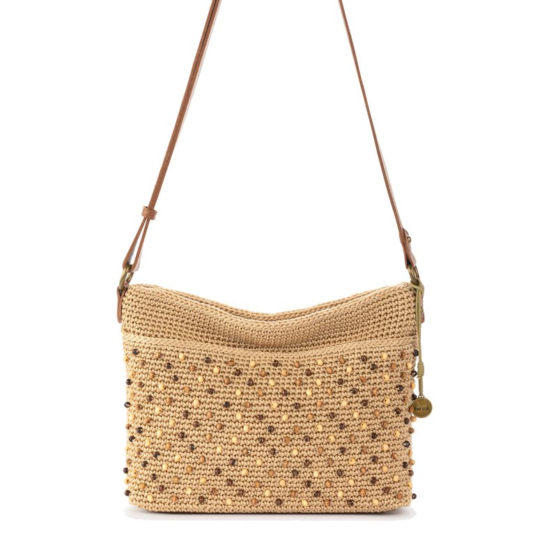 Melrose Leather Crossbody Handbag - Hand Crochet - Bamboo Neutral Beads